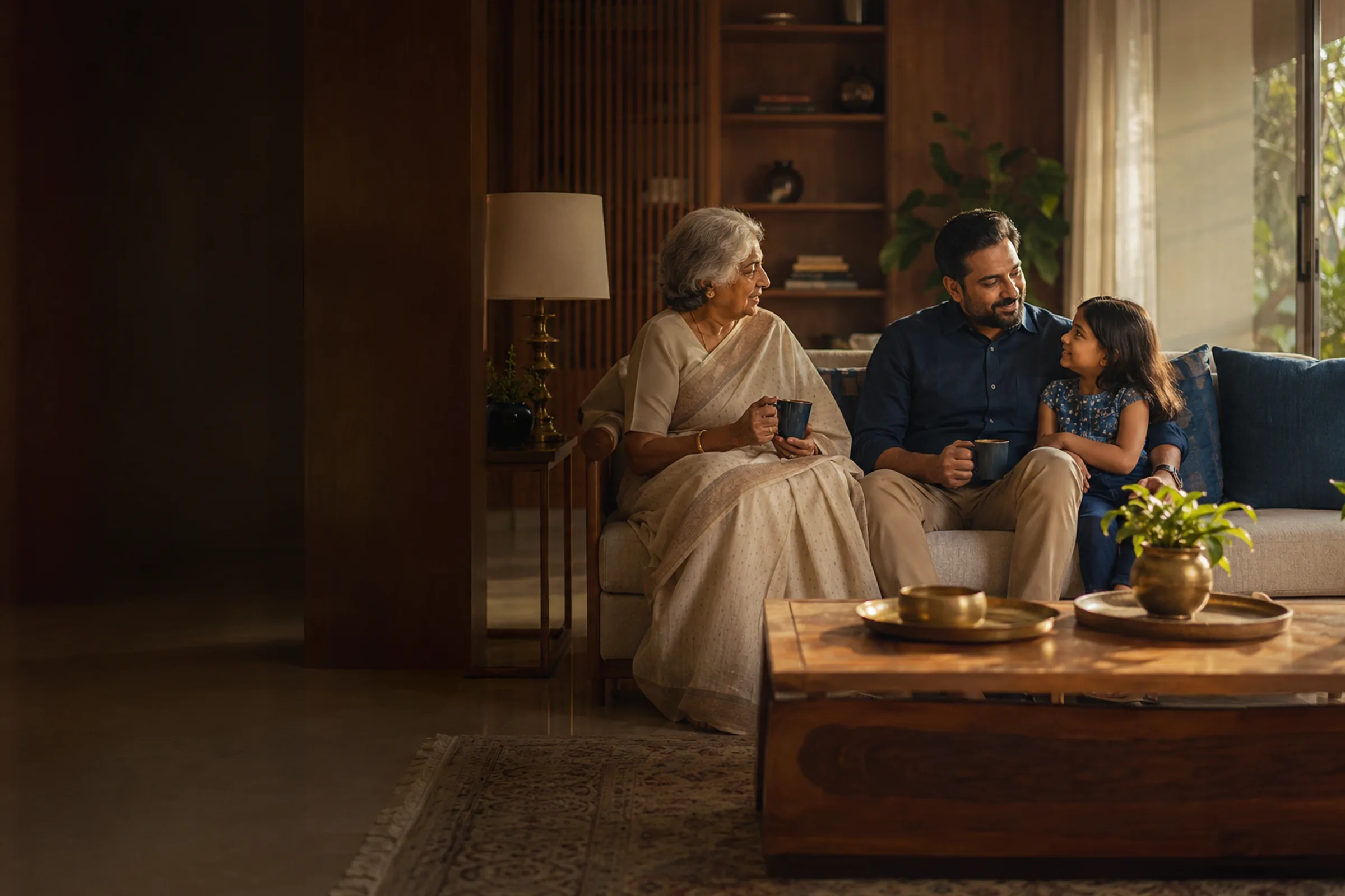 Three generations of an Indian family together in the warm evening light of their living room