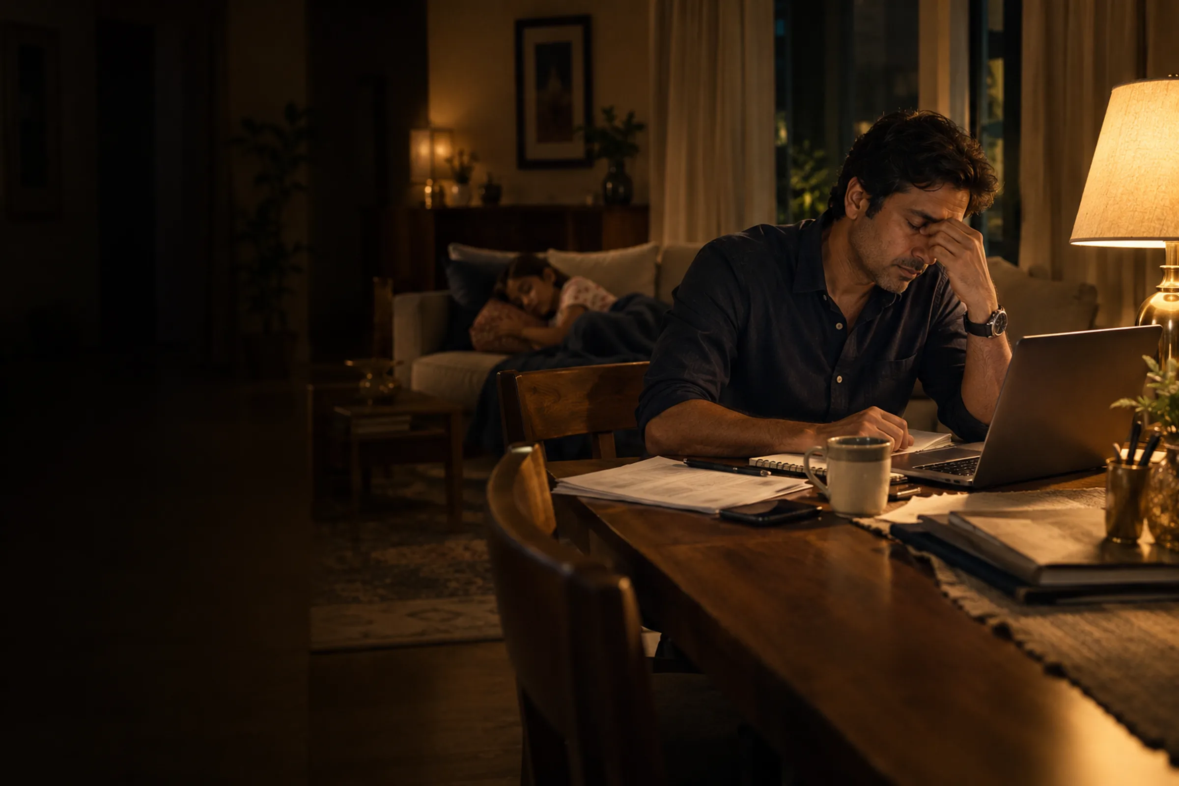 A man working late at the dining table by lamp light, his daughter asleep behind him