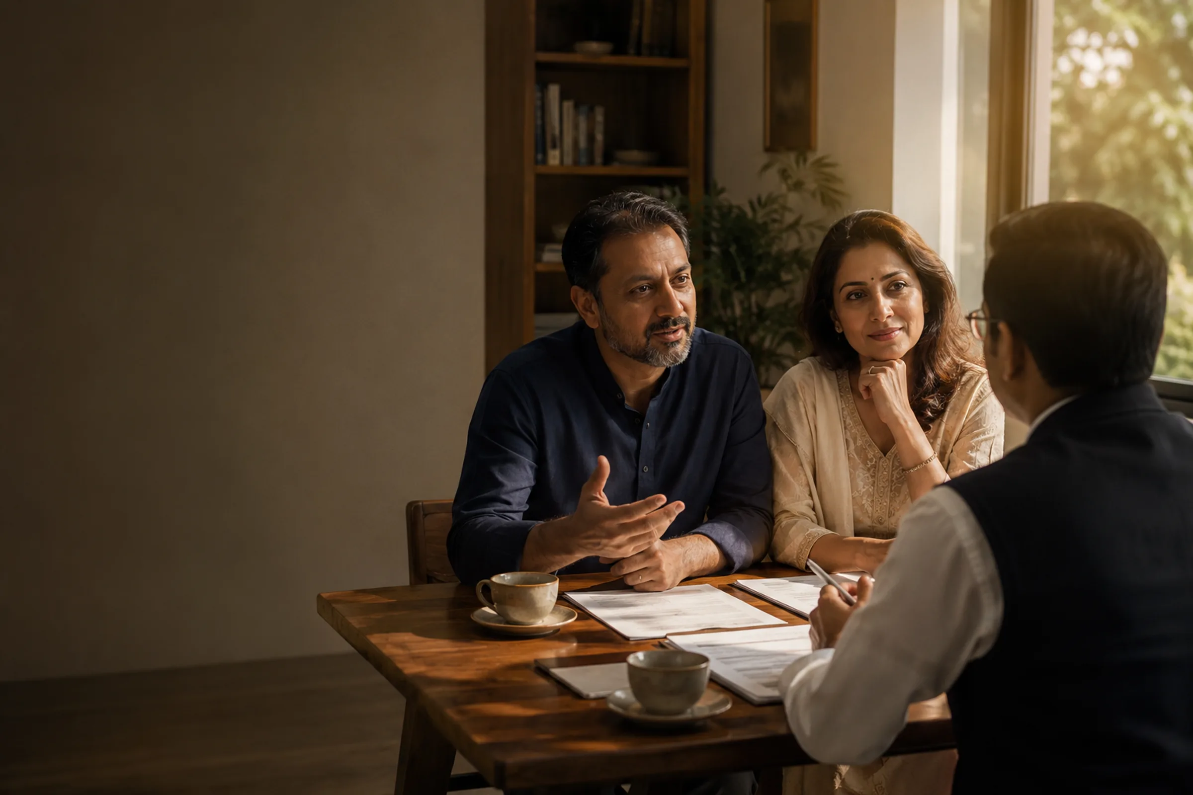 An Indian couple listening to an adviser across a sunlit teak table