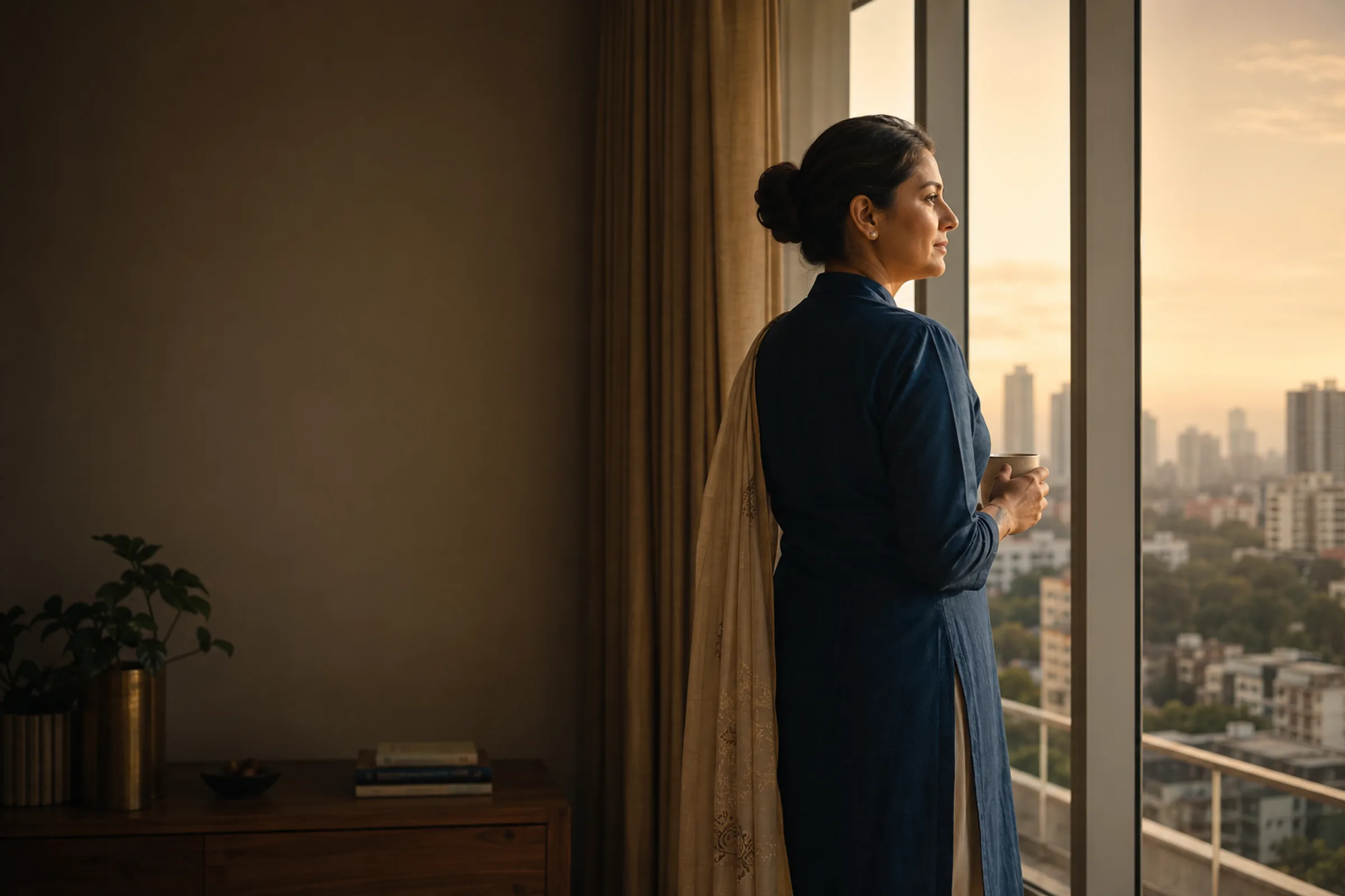 A woman at a tall window at first light, looking out over the city with a cup of tea