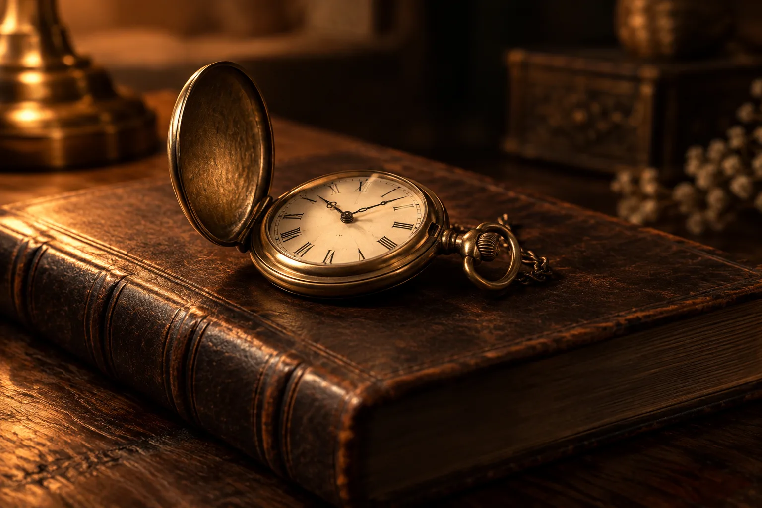 A pocket watch resting on an open ledger in warm lamplight