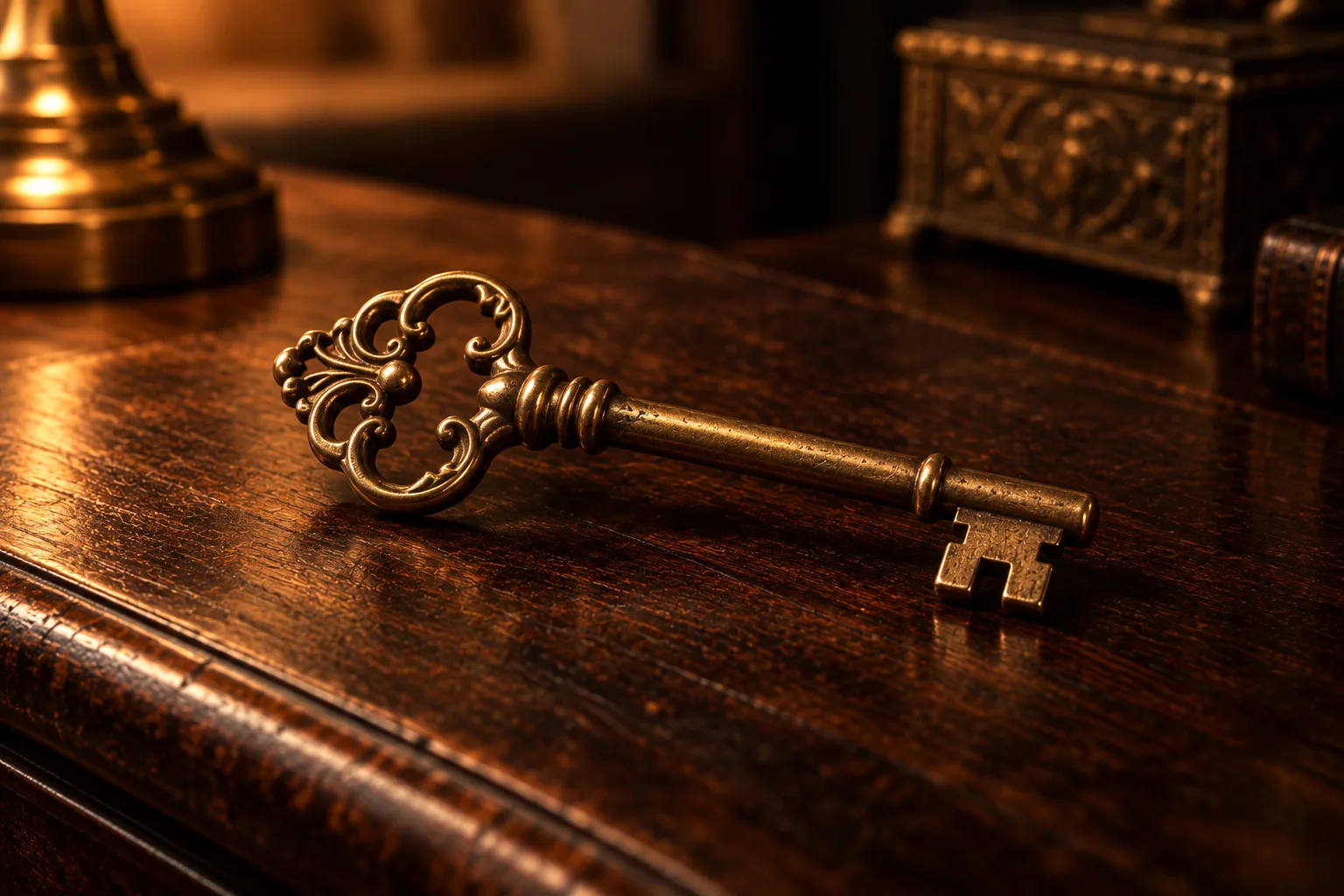 A single brass key on a dark polished desk
