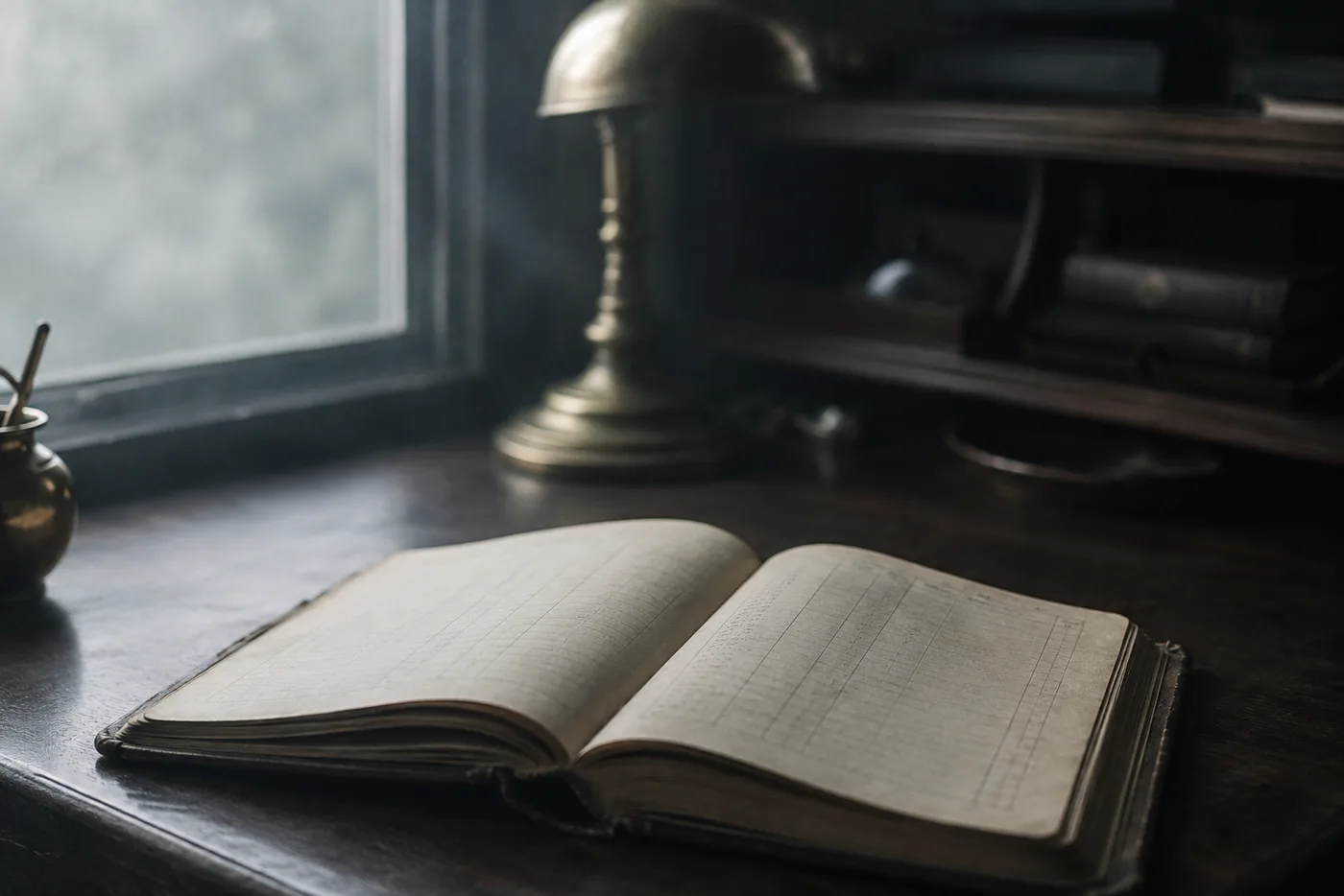 An open leather ledger on a dark desk, a brass lamp behind it